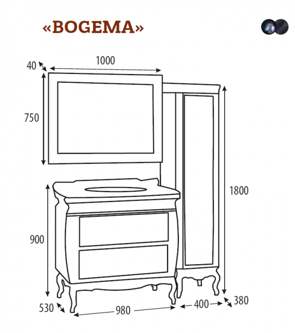 Тумба под раковину Bogema 100 с 2-мя ящиками черный кожа золото Л-Бог01100-5792Я Misty